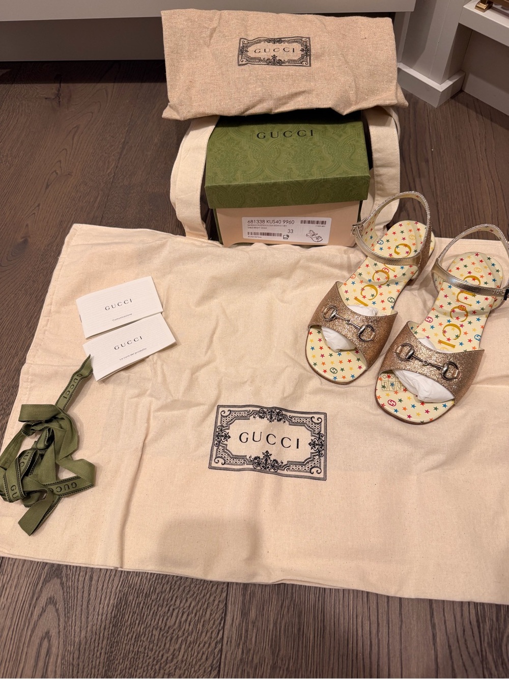 Gucci Kids Glitter Gold Buckle Sandals with Star Print Insole